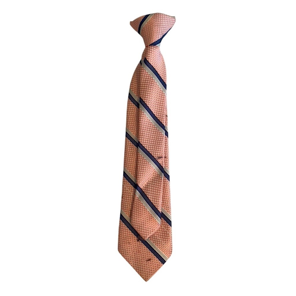 Peach Coral Striped Clip-On Necktie Navy Blue Silver Textured Polyester Tie